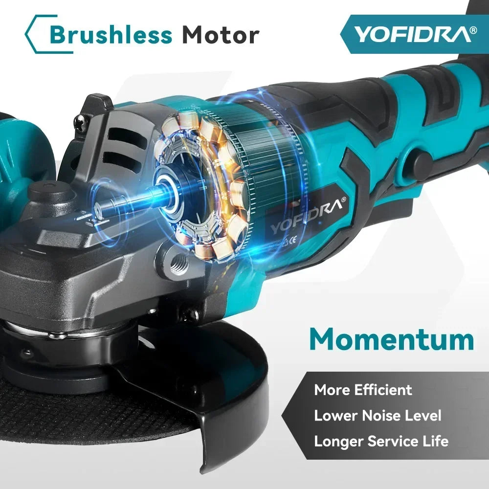 YOFIDRA 125MM Brushless Electric Angle Grinder 3000W 3Gears Polishing Cutting Machine Wood Power Tool For Makita 21V Battery Pin