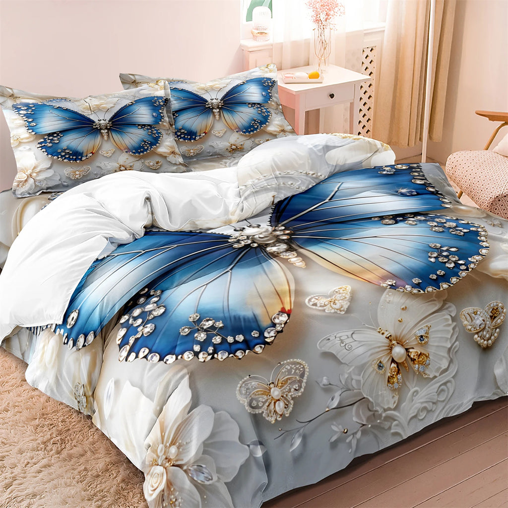 3pcs Soft Comfortable Butterfly Print Quilt Doona Duvet Cover Bedding Set Single Double Queen King Size For Home Dorm