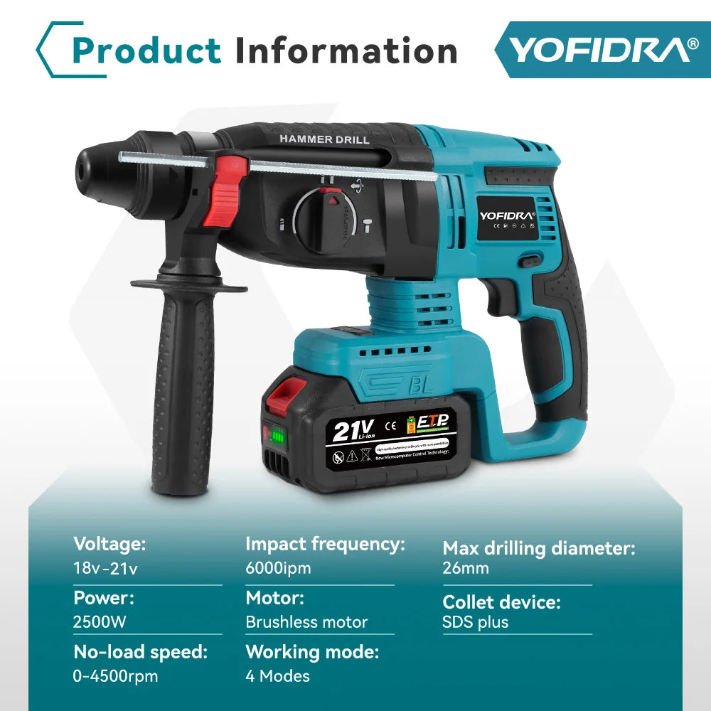 YOFIDRA Brushless Electric Hammer Drill 26MM Multifunctional Cordless Rechargeable Screwdriver Tool For Makita 21V Battery Pin