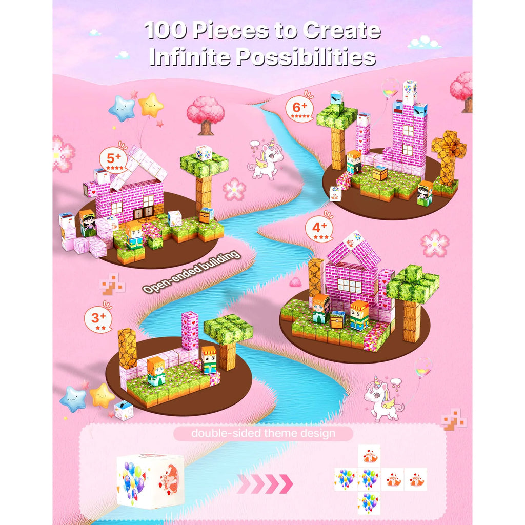 SucceBuy Magnetic Blocks 100 PCS Princess Castle Set Magnetic Building Cubes for Kids STEM Montessori Sensory Toys for Birthday