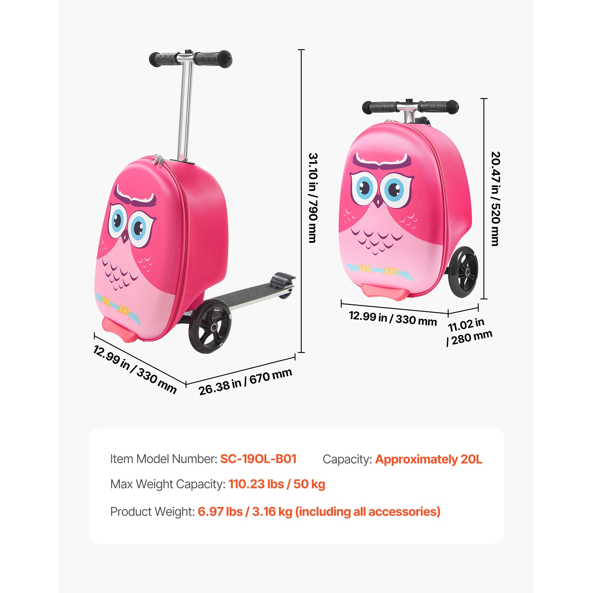 SucceBuy Ride-on Luggage 20 L Capacity 20 In Kids Scooter Suitcase with Flash PU Wheels Adjustable Handle for Kids Aged 5+ Blue