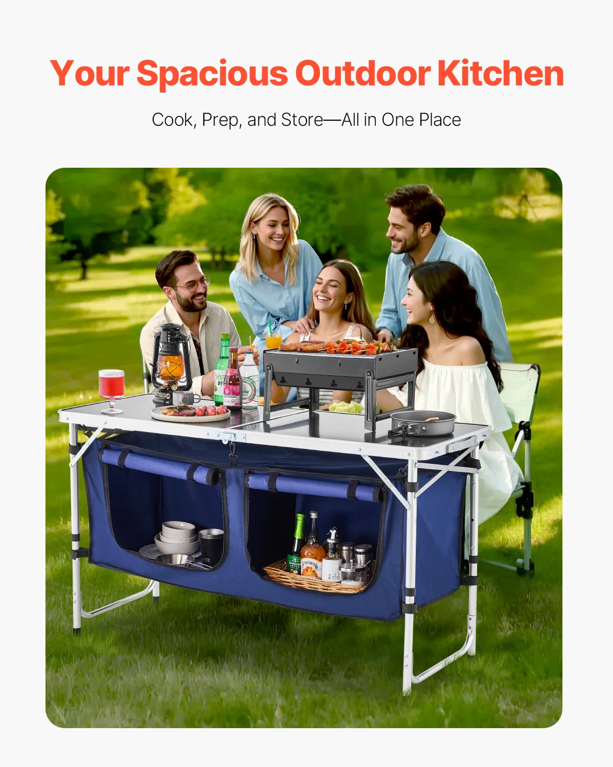 SucceBuy Camping Kitchen Table Folding Outdoor Cooking Table, Aluminum Lightweight Portable Cook Station Foldable Camp Table