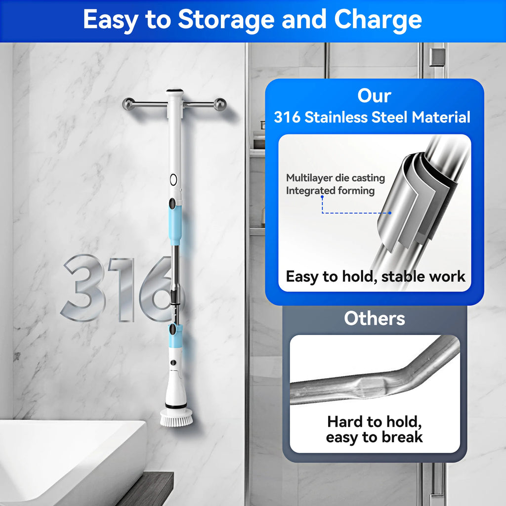 450RPM Electric Spin Scrubber Cordless Shower Cleaning Brush with 5 Replaceable Brushes Adjustable Extension Handle for Bathroom
