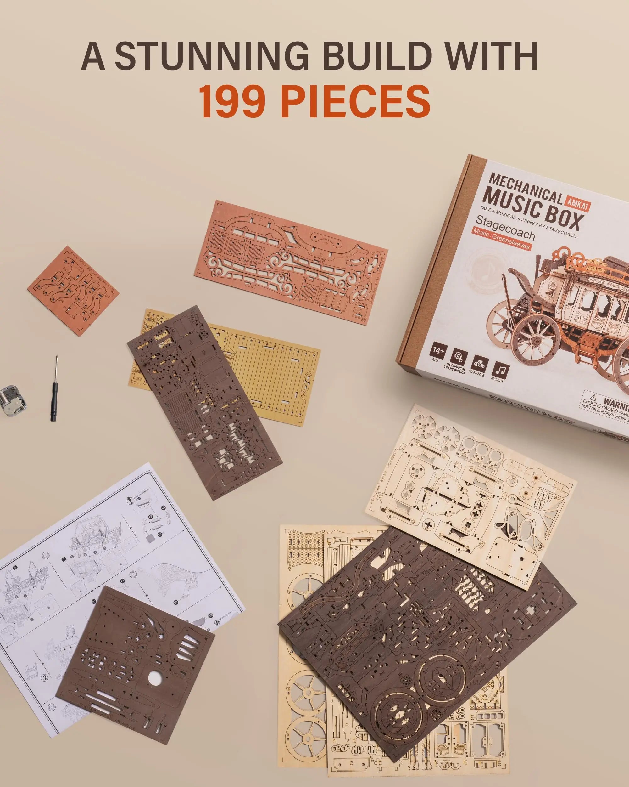 Robotime Rokr Stagecoach Music Box 3D wooden puzzle for Adults Birthday Anniversary Day Gift Hobby STEM Kits Model Easy to Build