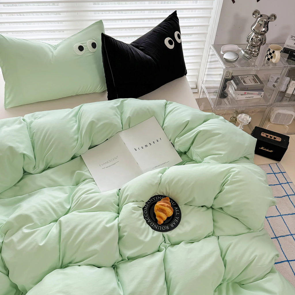 3pcs Wash Cotton Quilt Doona Duvet Cover Single/Double/Queen/King Size With Zipper Closure Bedding Set Ultra Soft Eye Embroidery