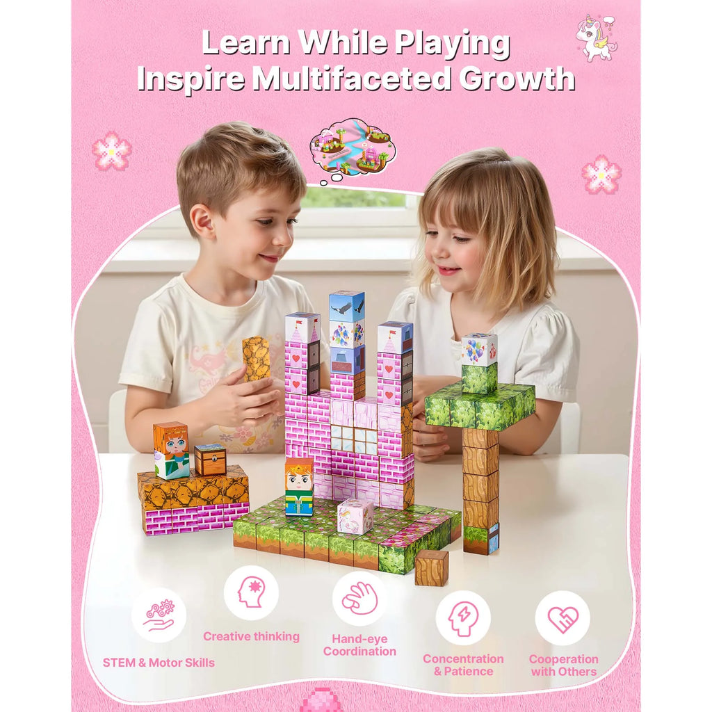 SucceBuy Magnetic Blocks 100 PCS Princess Castle Set Magnetic Building Cubes for Kids STEM Montessori Sensory Toys for Birthday