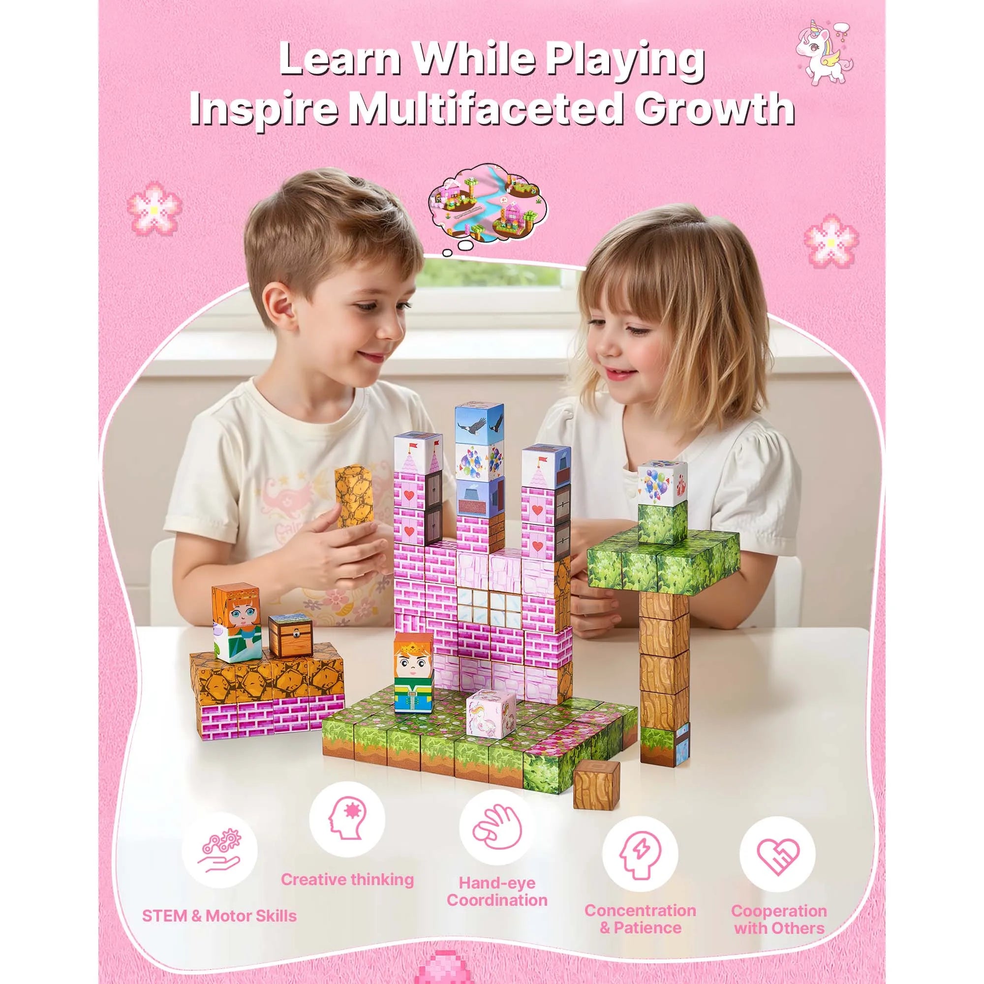 SucceBuy Magnetic Blocks 100 PCS Princess Castle Set Magnetic Building Cubes for Kids STEM Montessori Sensory Toys for Birthday