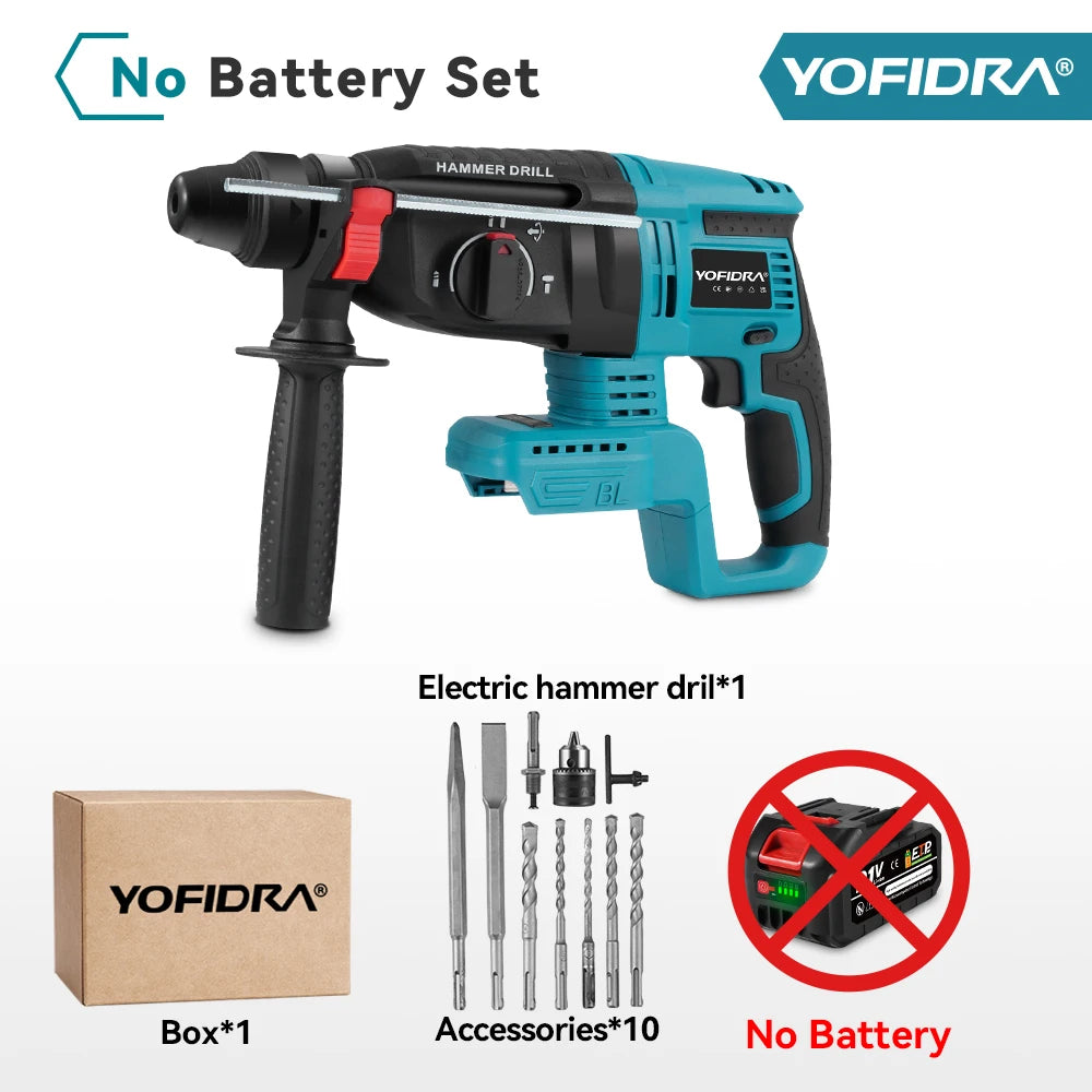 YOFIDRA Brushless Electric Hammer Drill 26MM Multifunctional Cordless Rechargeable Screwdriver Tool For Makita 21V Battery Pin