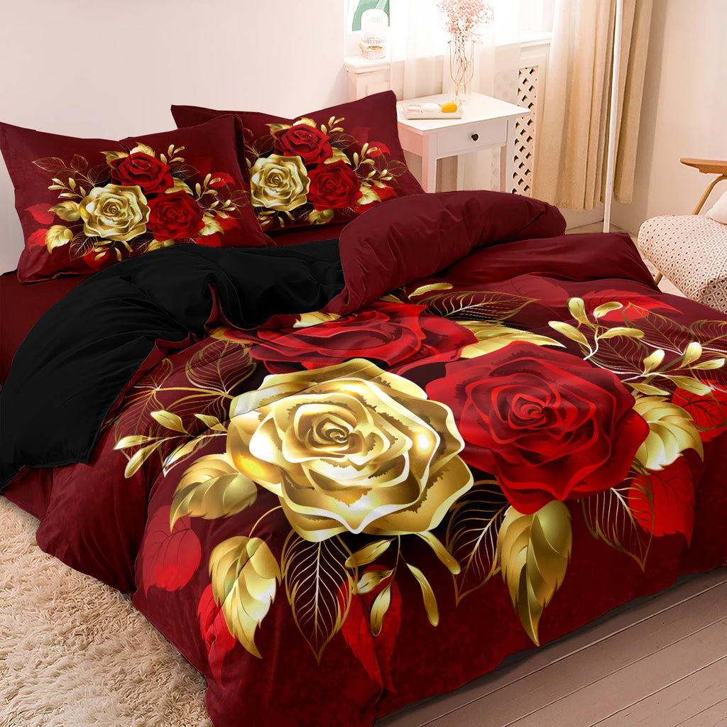 3Pcs Red Gold Rose Duvet Cover Set, 3D Floral Bedding, Soft Microfiber Quilt Cover, Luxury Bedroom Decor,Queen Size,Local Stock