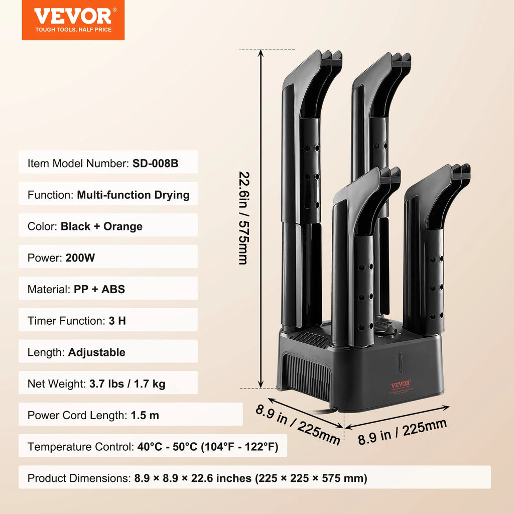 VEVOR 4 Tubes Electric Shoe Dryer Boot Warmer with Heat Blower & Timer Multifunction Socks Dryer Fast Drying Boot Deodorizer