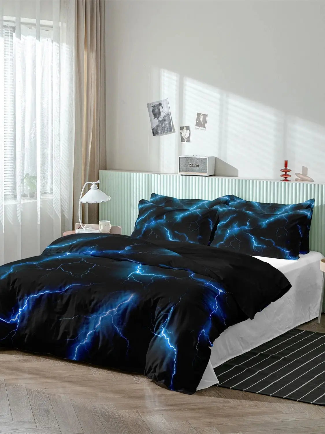 3pcs Blue Lightning Line Quilt Donna Duvet Cover Bedding Set, HD Print For Home & Dorm, Cozy Soft Comfortable