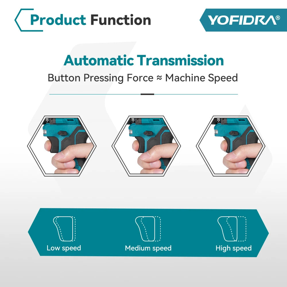 YOFIDRA 2 in1 Brushless Electric Screwdriver Hammer Cordless Drill Impact Multifunctional Power Tool For Makita 21V Battery Pin