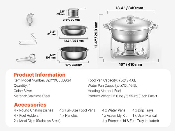 SucceBuy 4Pack Chafing Dish Buffet Set Stainless Steel Chafer w/4 Full Size Pan Round Catering Warmer Server for Party Banquets