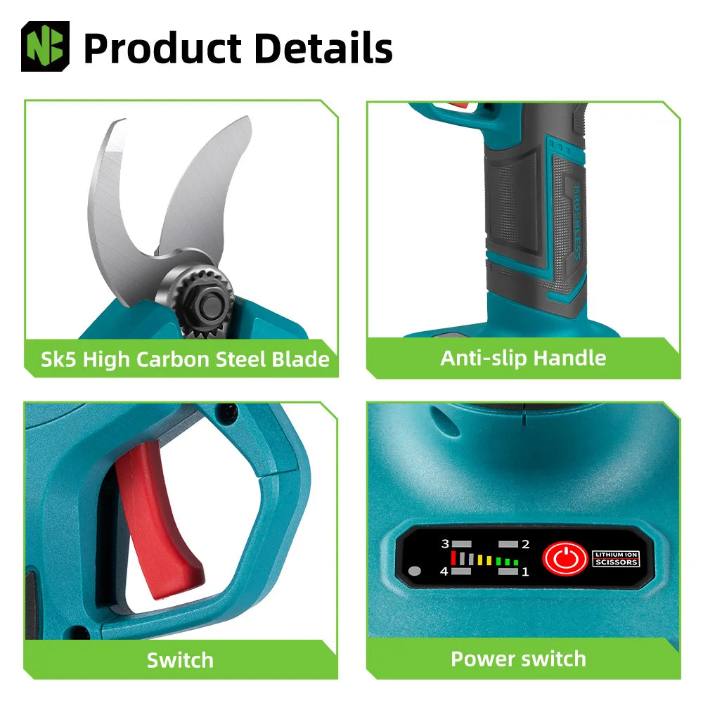 NEWBENY 30mm Brushless Electric Pruner Shear 4 Gears Cordless Garden Bonsai Electric Scissors Power Tools For Makita Battery Pin