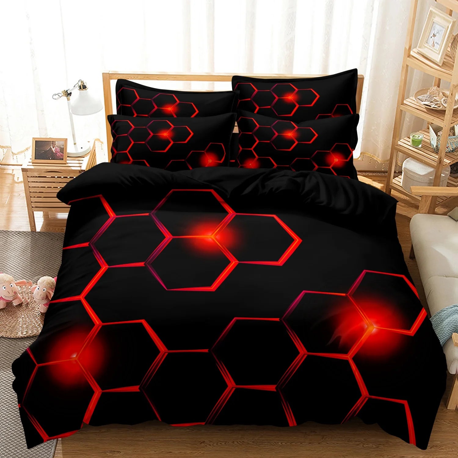 3pcs Red Geometric Hexagon Quilt Duvet Cover Set - Soft Comfortable Bedding Set For Bedroom, - 1*Duvet Cover + 2*Pillowcases