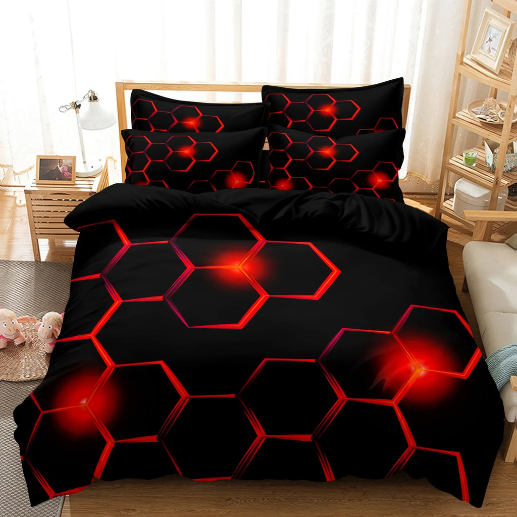3pcs Red Geometric Hexagon Quilt Duvet Cover Set - Soft Comfortable Bedding Set For Bedroom, - 1*Duvet Cover + 2*Pillowcases