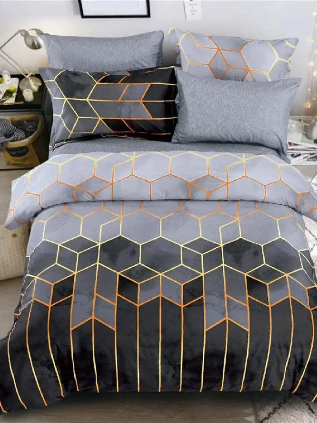 3Pcs Duvet Cover Set,Modern Geometric Hexagon Bedding Set, Soft Microfiber Gradient Gray Gold Quilt Cover,AU Local Stock