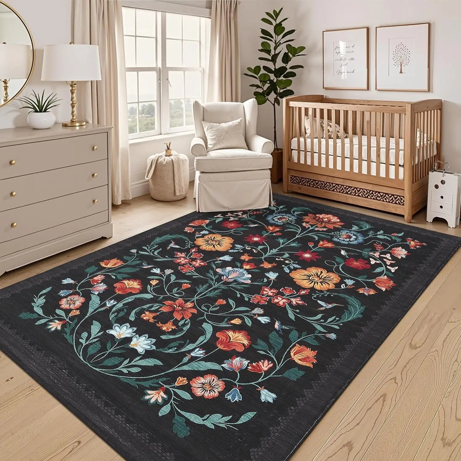 Washable Rugs for Living Room, Low Pile Floral Area Rug, Indoor Soft Carpet, Indoor Foldable Floor Mat for Bedroom, Dining Room