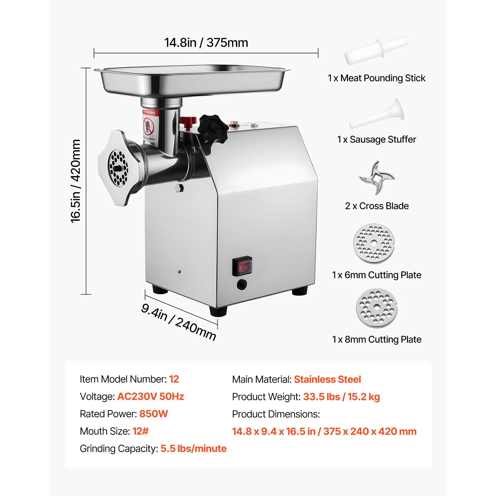 SucceBuy  Meat Grinder 5.5 Lbs-9.2 Lbs/Min Capacity Electric Meat Mincer w/ Blade Grinding Plate Sausage Maker for Kitchen Home