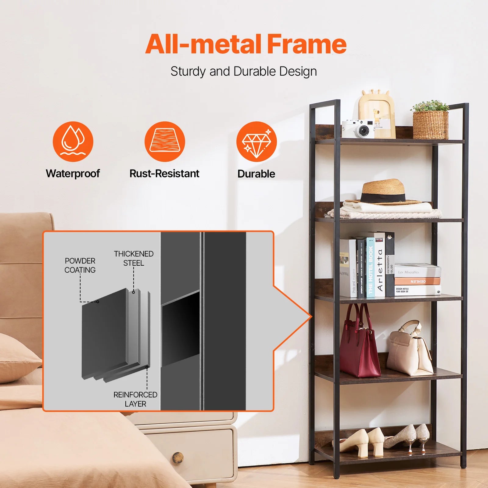 SucceBuy Metal Bookshelf 3-14-Tier Tall Industrial Bookshelf Vintage Display Storage Bookcase with Open Shelves to Home Office