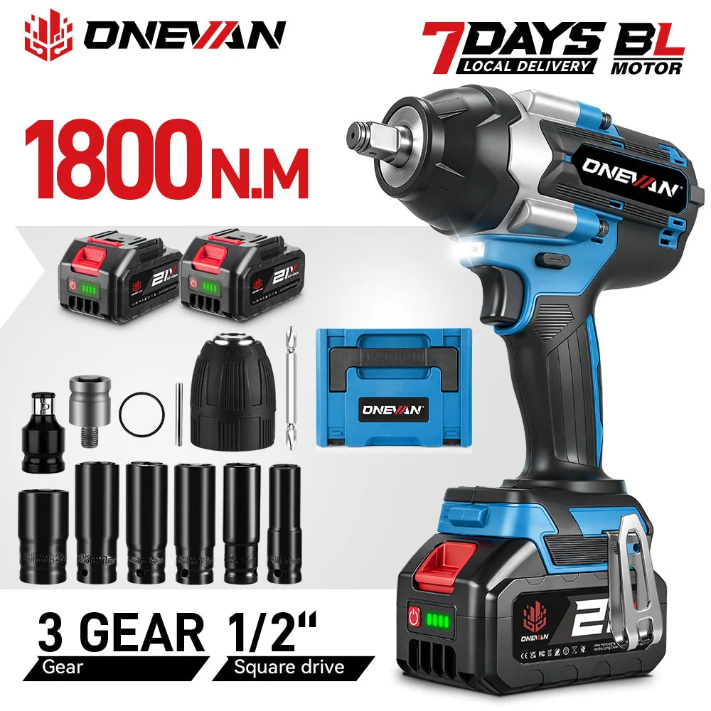 ONEVAN 1800N.M Torque Brushless Electric Impact Wrench 1/2 inch Cordless Drill Car Repair Power Tool For Makita 18V Battery Pin