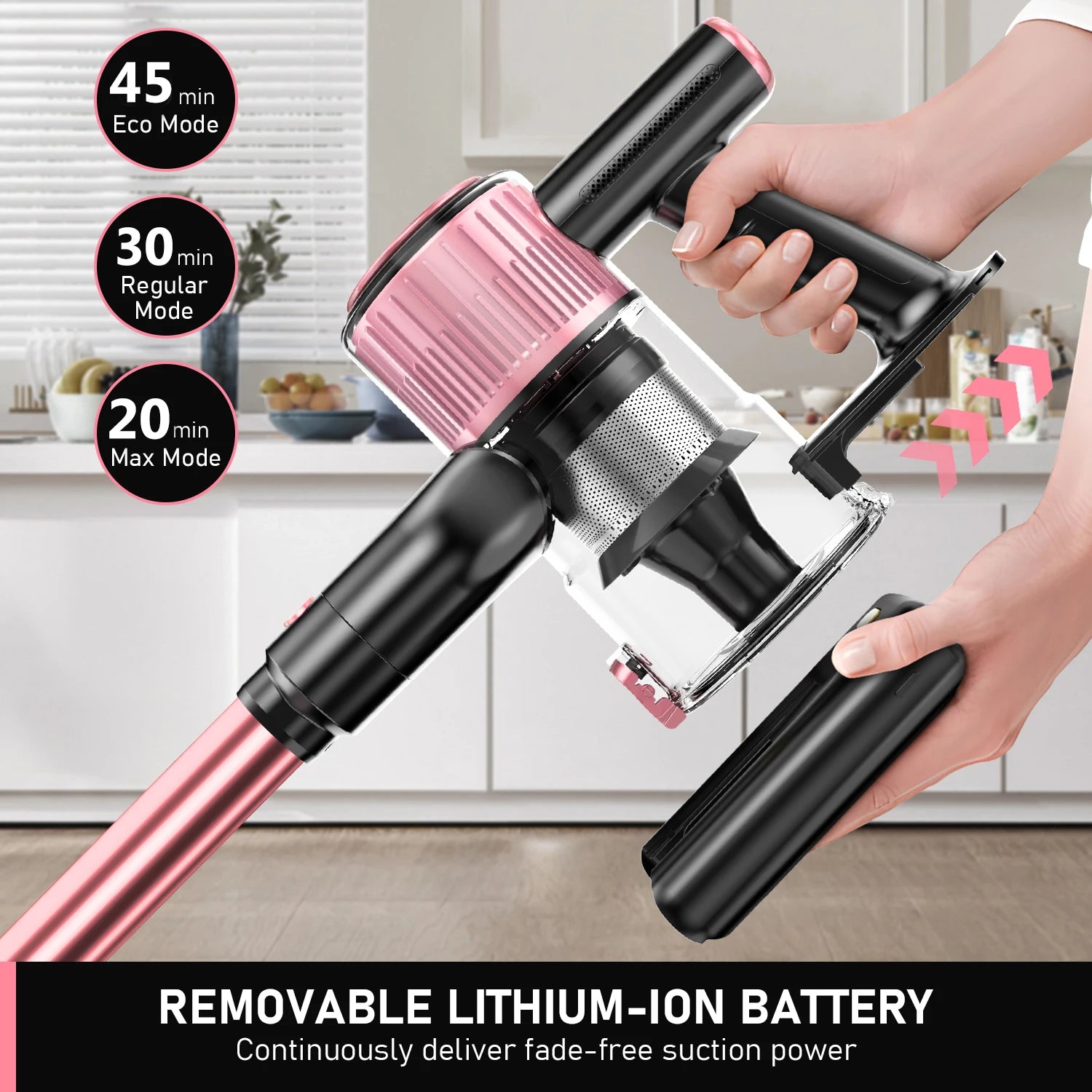 Cordless Vacuum Cleaner, 55Kpa 8 in 1 45Mins Rechargeable 3 Modes Suction Lightweight Vacuum for Pet Hair/Carpet/Hard Floor