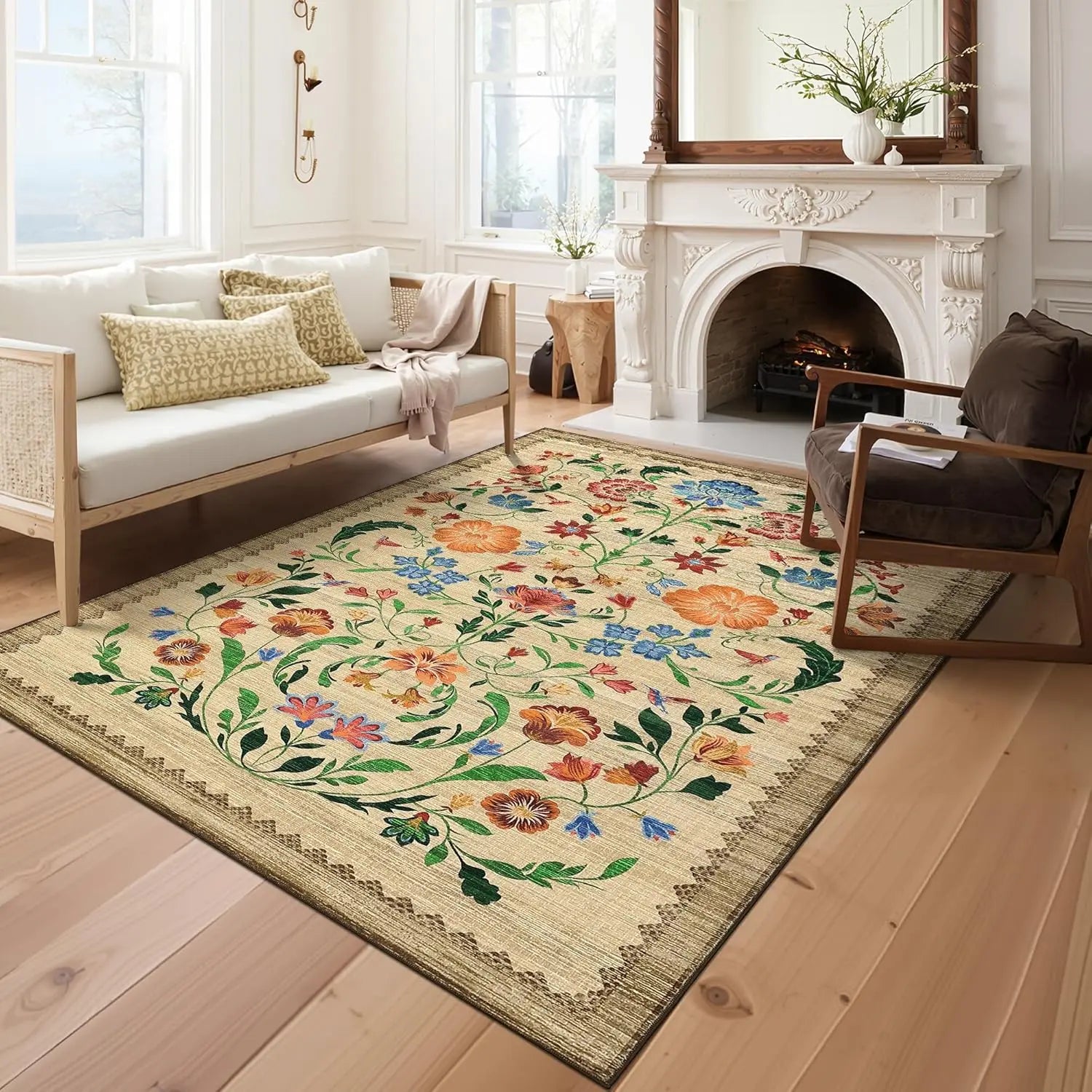 Washable Area Rugs for Living Room, Floral Rug for Bedroom, Soft Boho Throw Rugs, Low Pile Vintage Floral Carpet for Dining Room