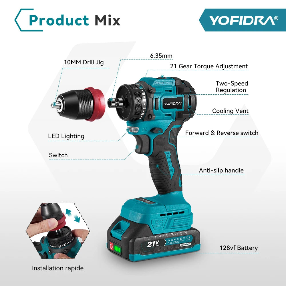 YOFIDRA 2 in1 Brushless Electric Screwdriver Hammer Cordless Drill Impact Multifunctional Power Tool For Makita 21V Battery Pin
