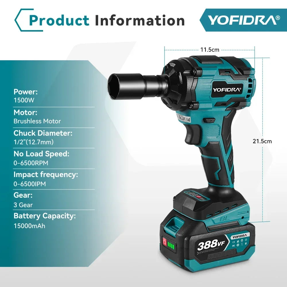 YOFIDRA 1000N.M Brushless Electric Impact Wrench 1/2 inch Cordless Wrench Screwdriver Power Tool For Makita 18V Battery Pin