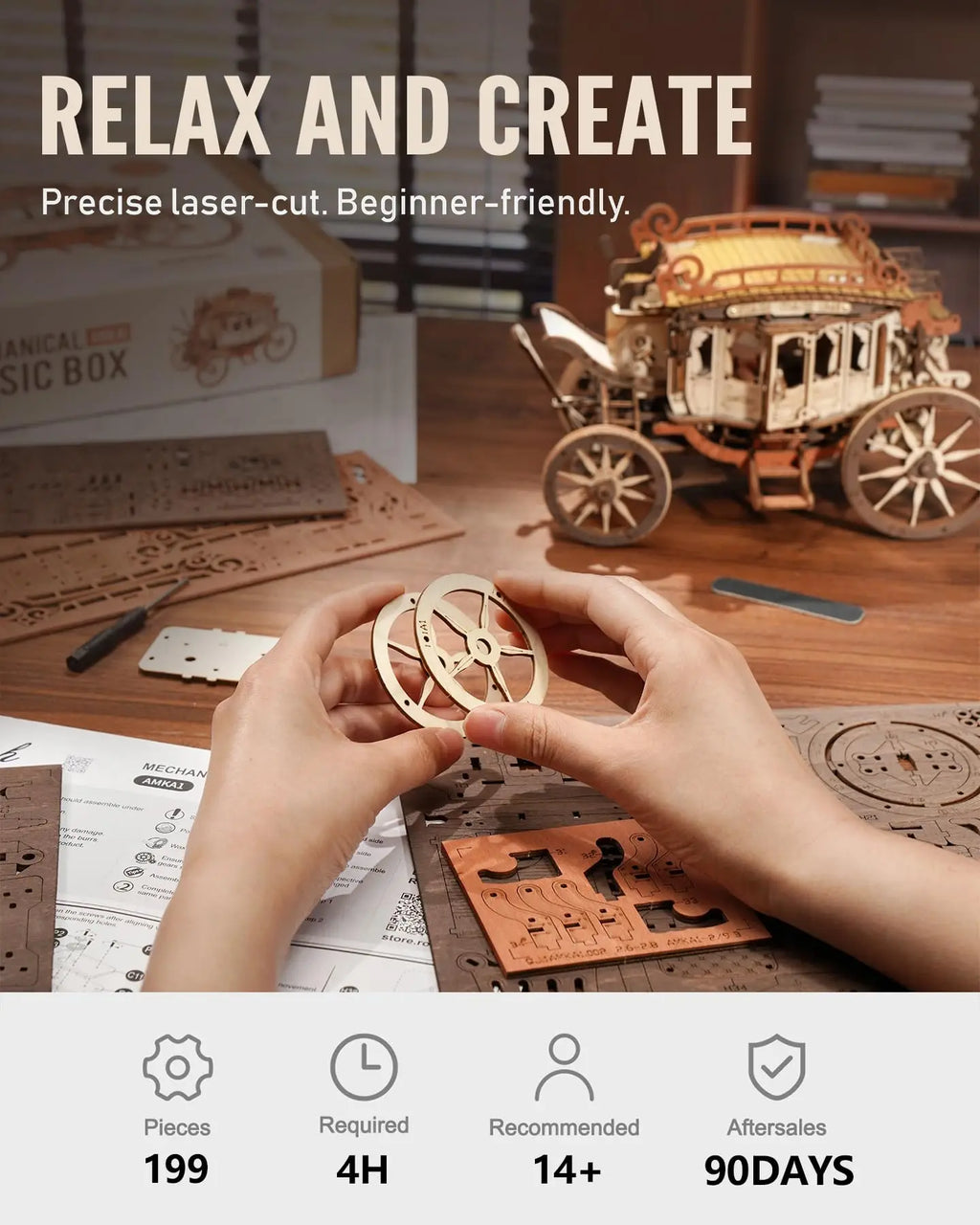 Robotime Rokr Stagecoach Music Box 3D wooden puzzle for Adults Birthday Anniversary Day Gift Hobby STEM Kits Model Easy to Build