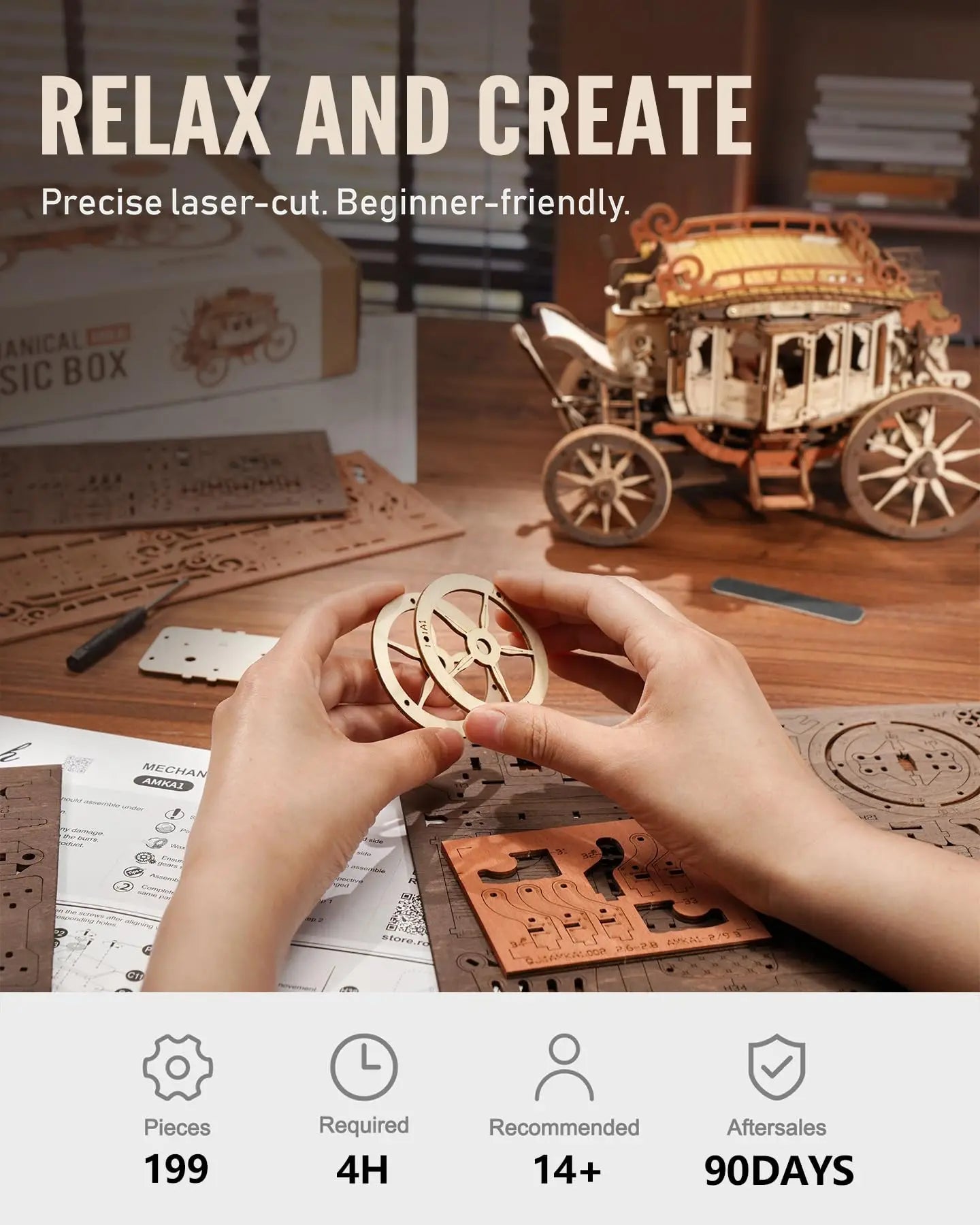 Robotime Rokr Stagecoach Music Box 3D wooden puzzle for Adults Birthday Anniversary Day Gift Hobby STEM Kits Model Easy to Build