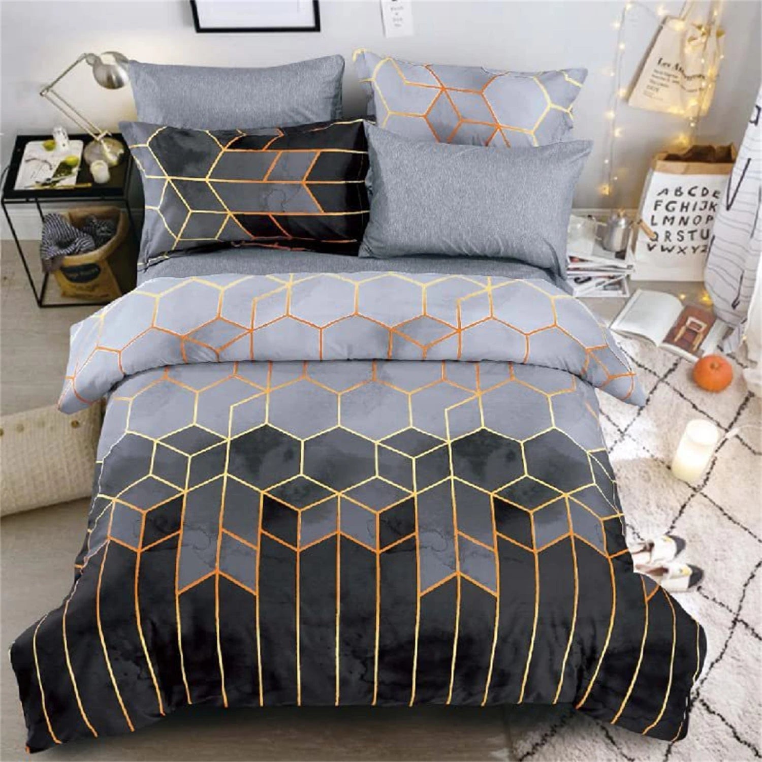 3Pcs Duvet Cover Set,Modern Geometric Hexagon Bedding Set, Soft Microfiber Gradient Gray Gold Quilt Cover,AU Local Stock