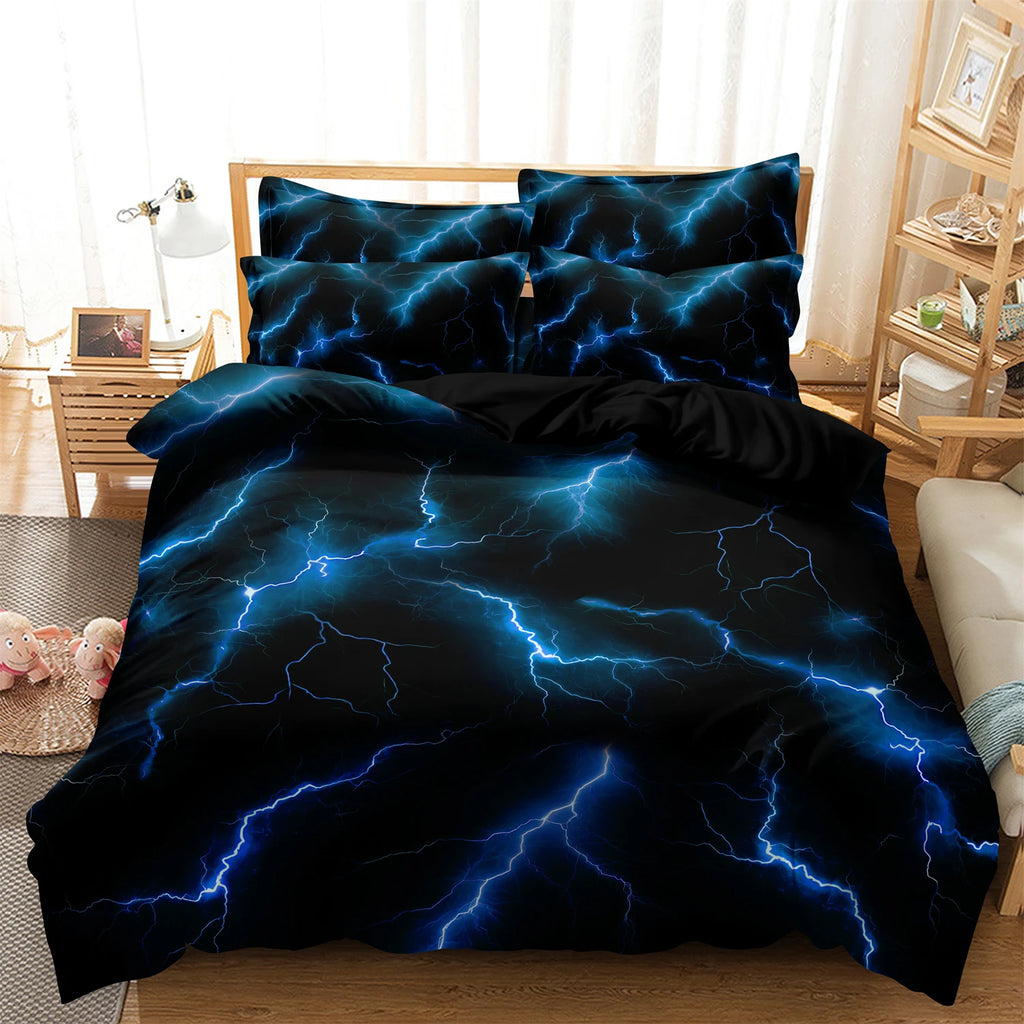 3pcs Blue Lightning Line Quilt Donna Duvet Cover Bedding Set, HD Print For Home & Dorm, Cozy Soft Comfortable