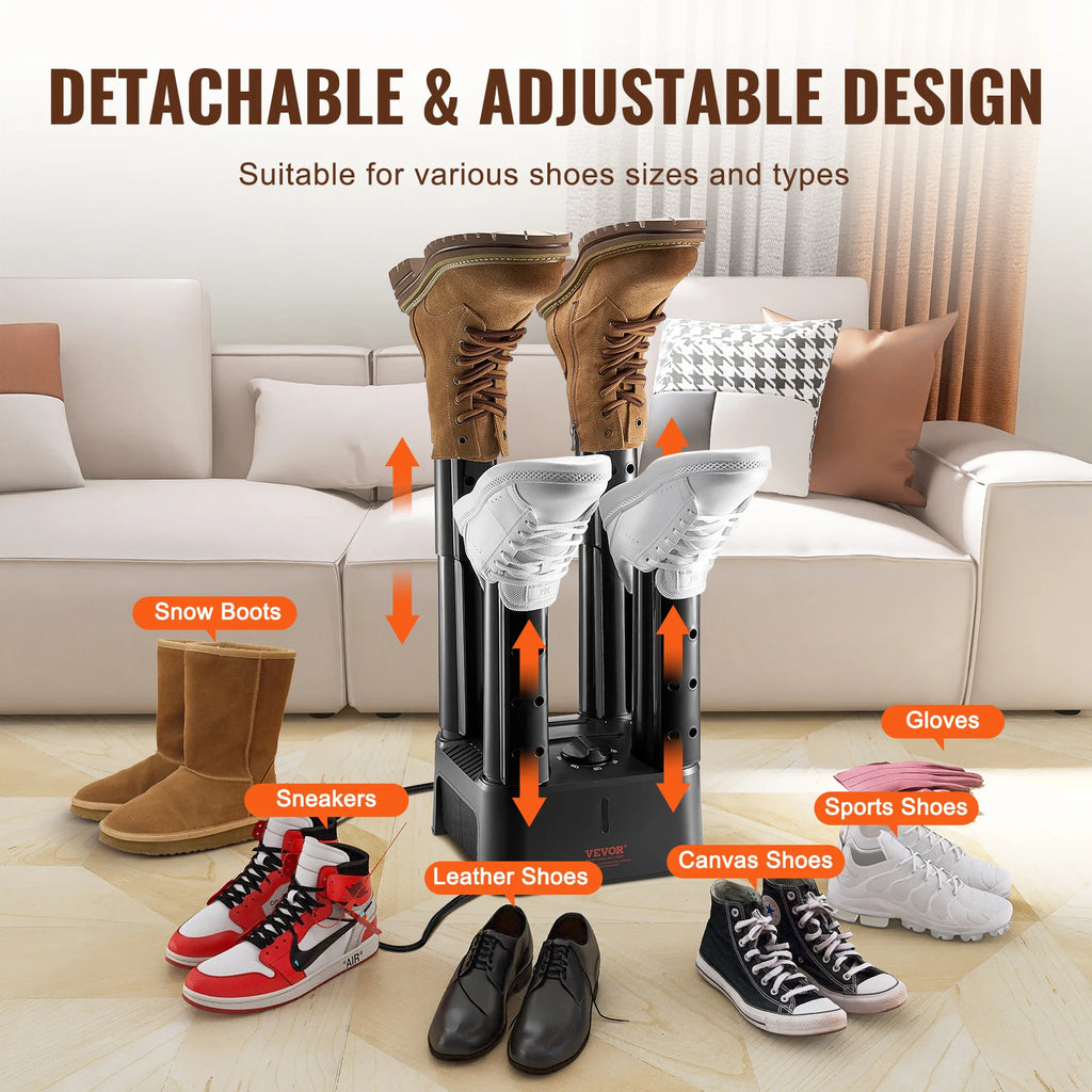 VEVOR 4 Tubes Electric Shoe Dryer Boot Warmer with Heat Blower & Timer Multifunction Socks Dryer Fast Drying Boot Deodorizer