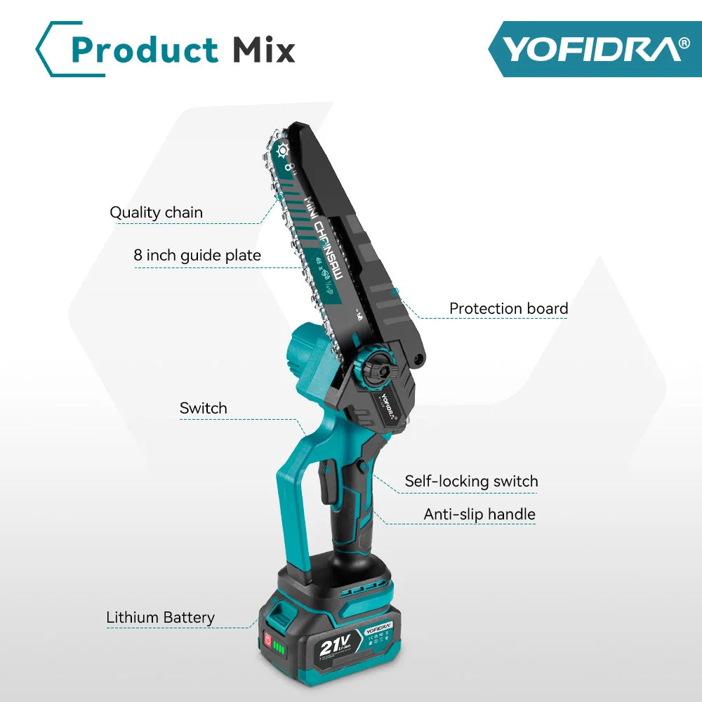 YOFIDRA Brushless 8 inch Electric Pruning Saw Cordless Chainsaw Rechargeable Woodworking Power Tool For Makita 21V Battery Pin