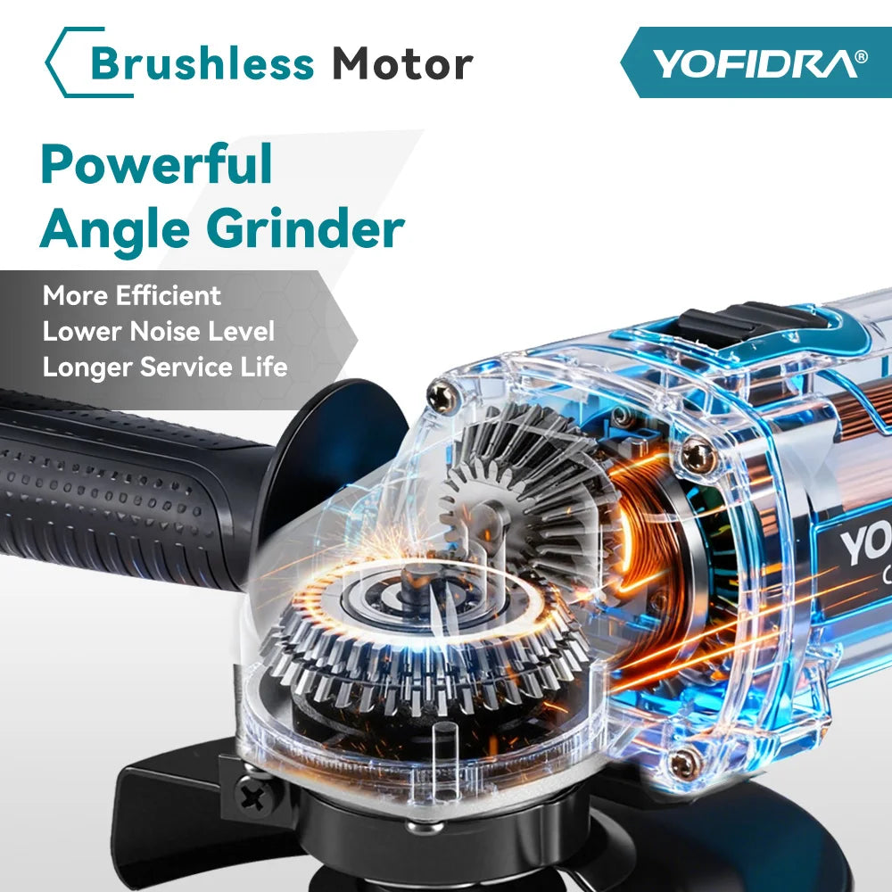 YOFIDRA 125mm Brushless Angle Grinder 4 Gear Cordless Grinding Machine Cutting Woodworking Power Tool For Makita 21V Battery Pin
