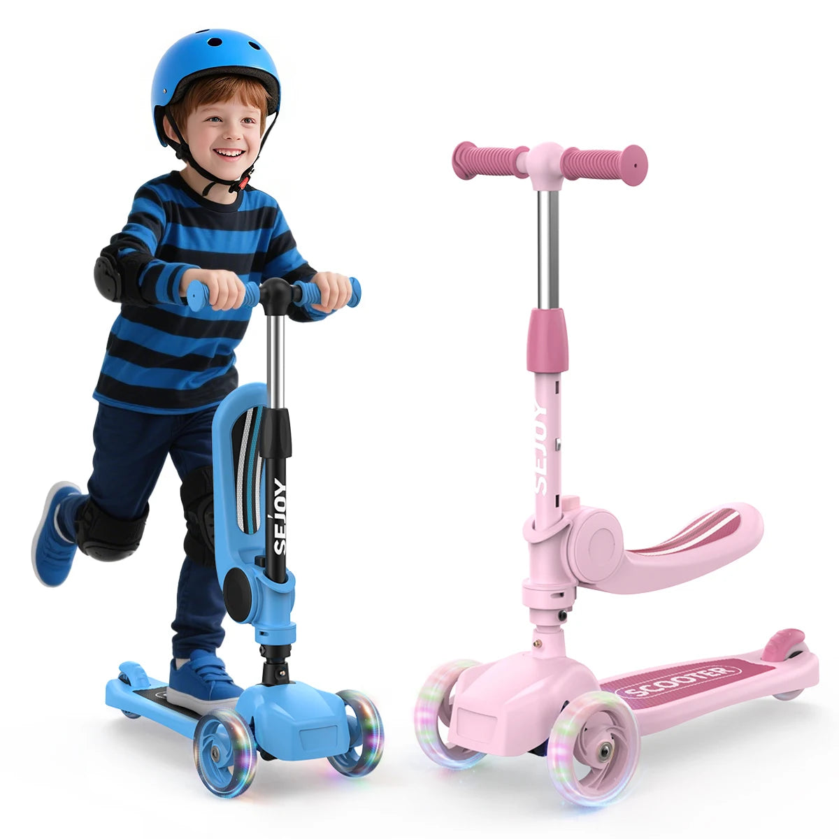 Sejoy Kick Scooter for Kids with 3-Wheeled Adjustable Lean-to-Steer Handlebar Foldable Seat - Sit or Stand Ride with Brake