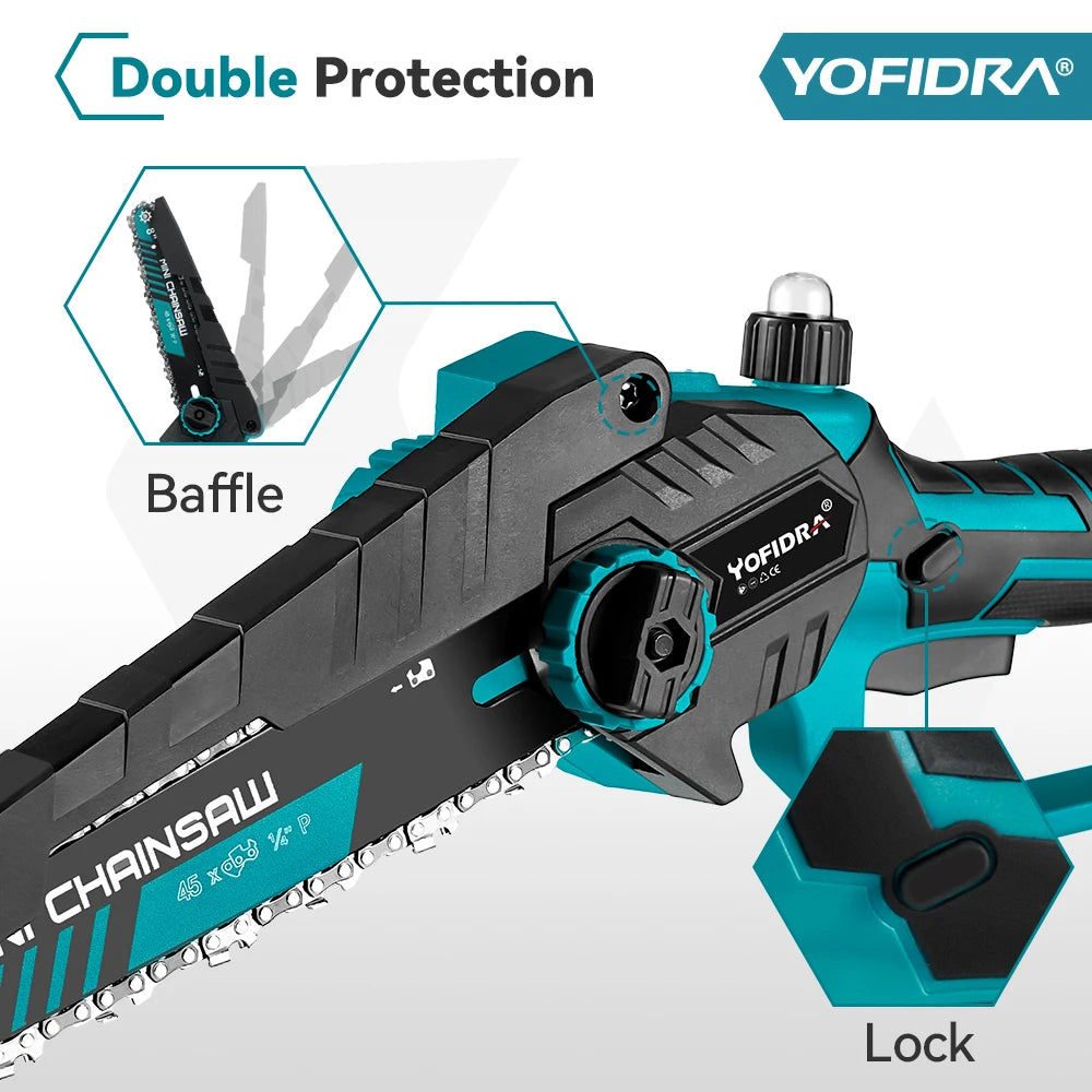 YOFIDRA Brushless 8 inch Electric Pruning Saw Cordless Chainsaw Rechargeable Woodworking Power Tool For Makita 21V Battery Pin