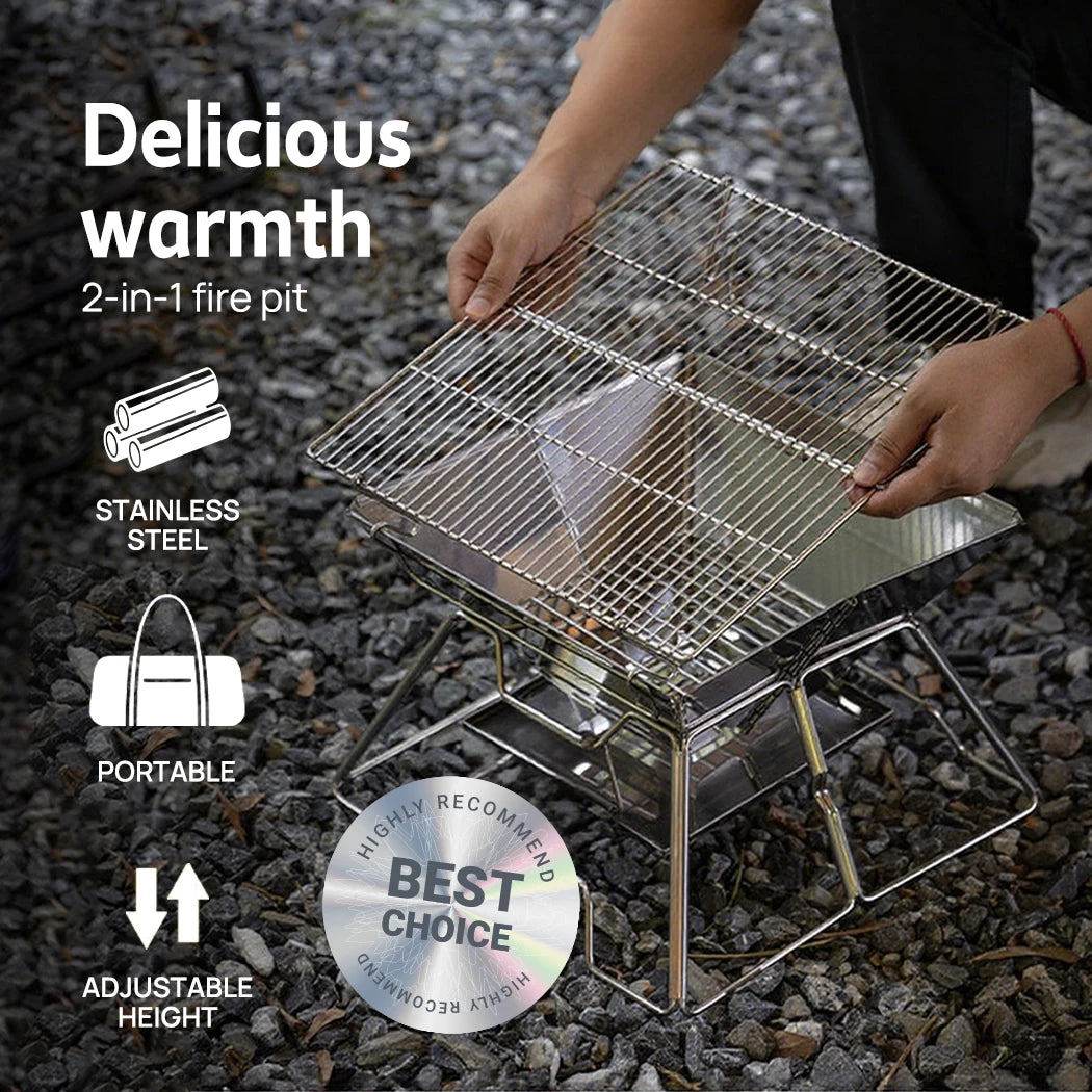 PORIYA Fire Pit BBQ Grill Camping Outdoor Portable Stainless Steel Stove 2 IN 1