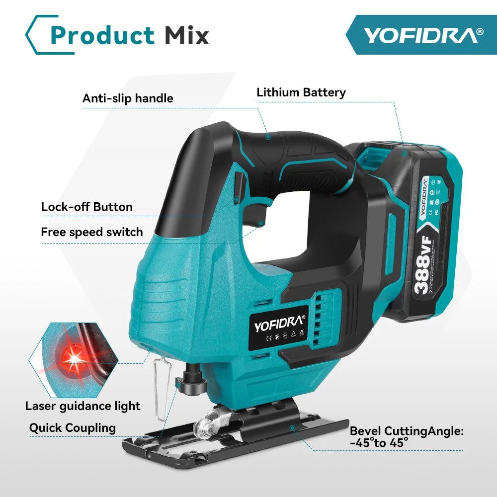 YOFIDRA 3800RPM Brushless Electric Jig Saw Infrared Laser Curve Saw Woodworking Tool With Saw Blade For Makita 18V Battery pin