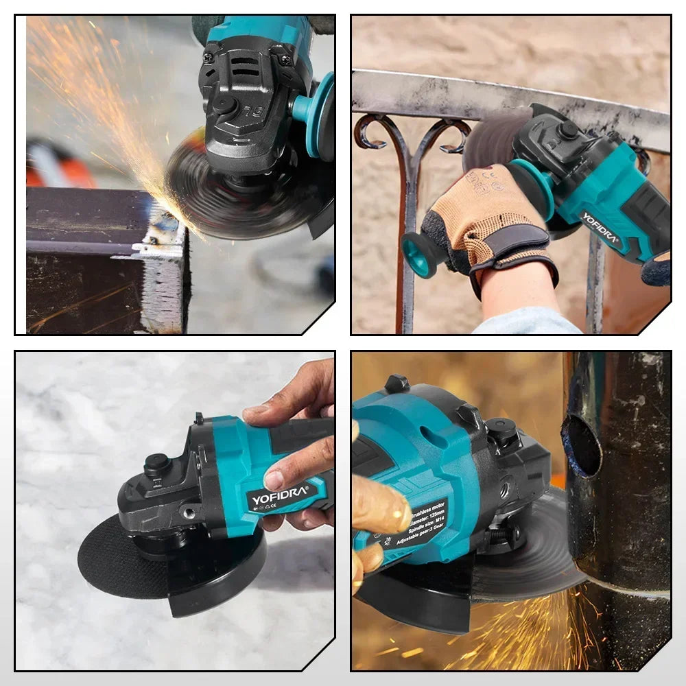 YOFIDRA 125MM Brushless Electric Angle Grinder 3000W 3Gears Polishing Cutting Machine Wood Power Tool For Makita 21V Battery Pin
