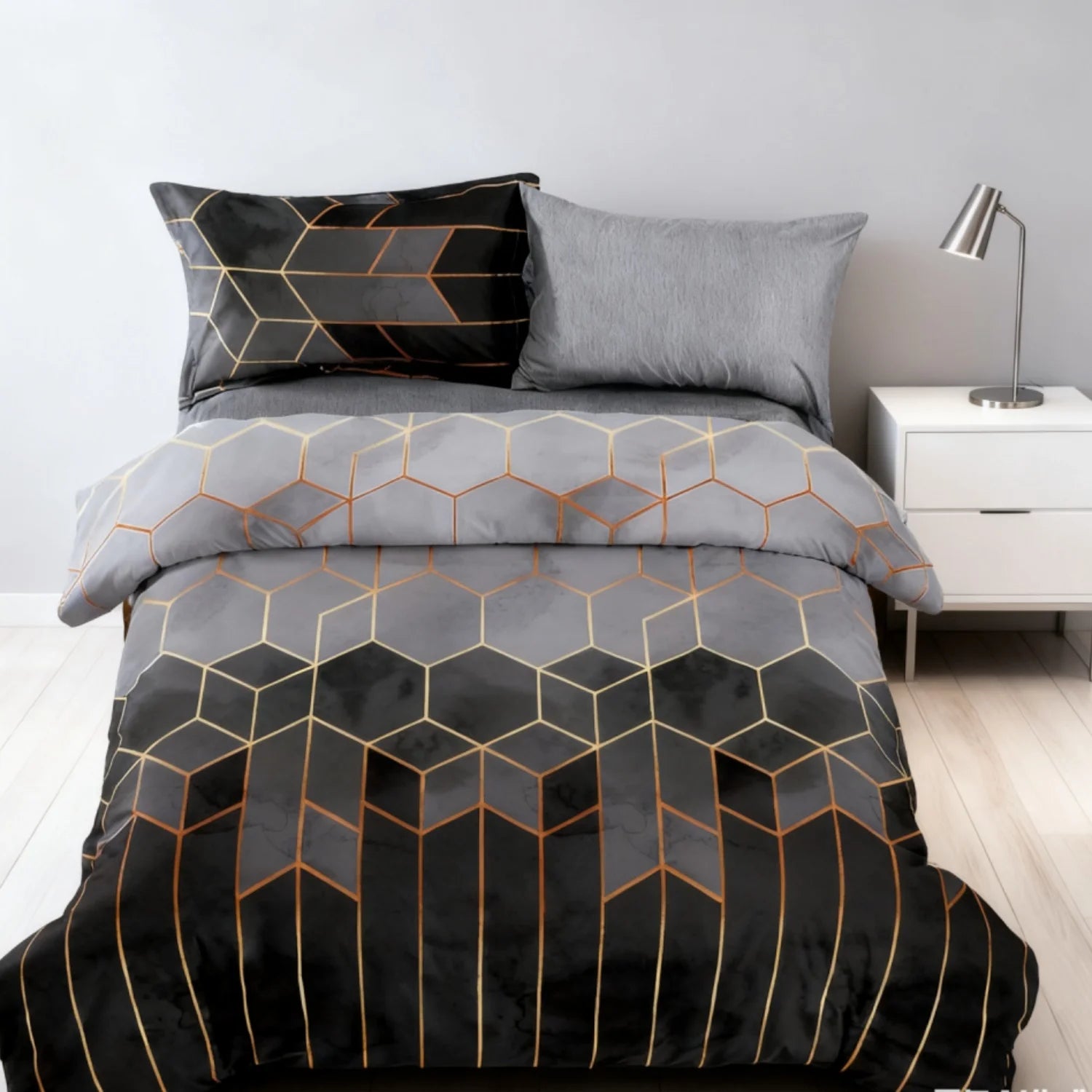 3Pcs Duvet Cover Set,Modern Geometric Hexagon Bedding Set, Soft Microfiber Gradient Gray Gold Quilt Cover,AU Local Stock