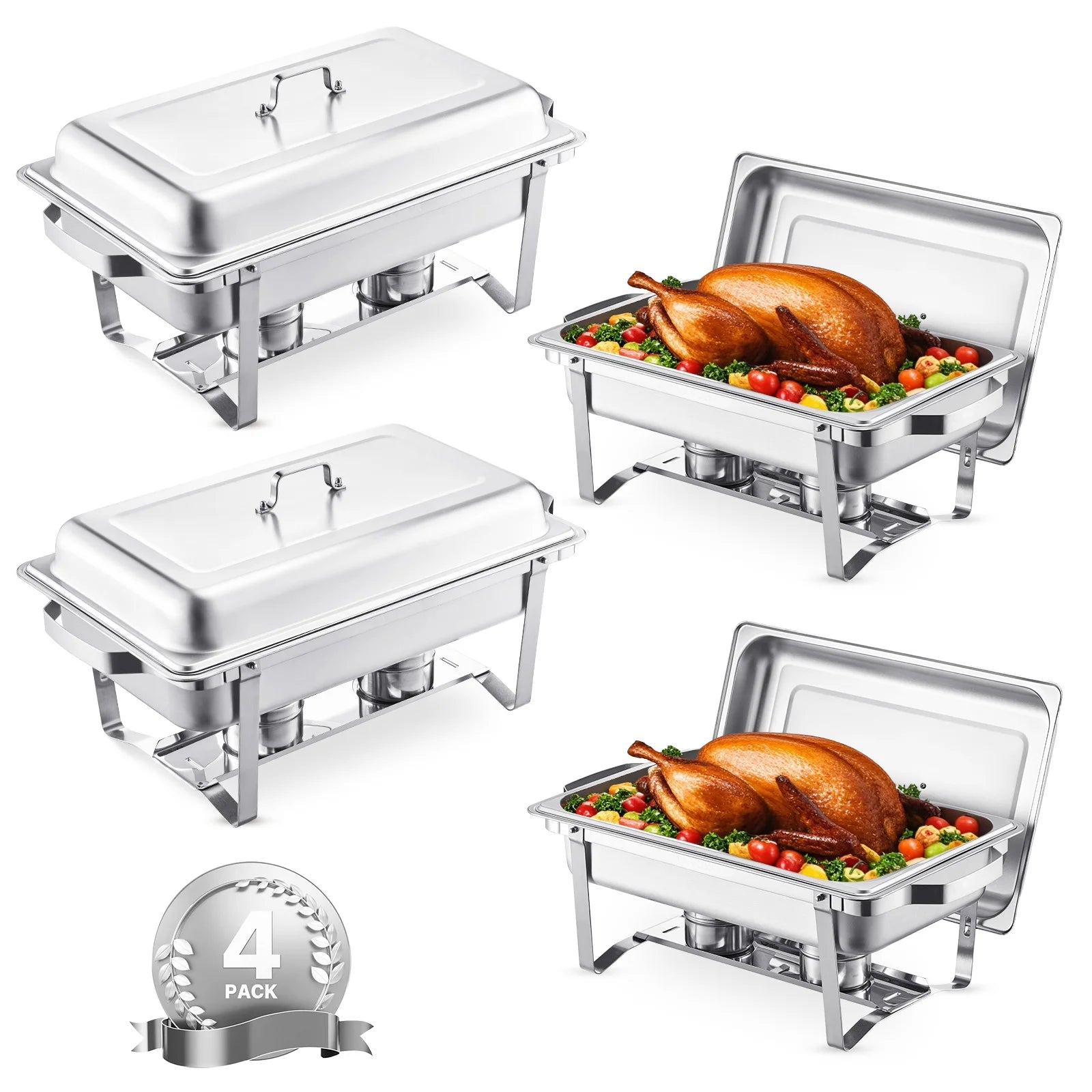 SucceBuy 8Qt 4 Pack Chafing Dish Buffet Set Stainless Steel Chafer with 2 Full Size and 4 Half Size Pans Catering Warmer Server