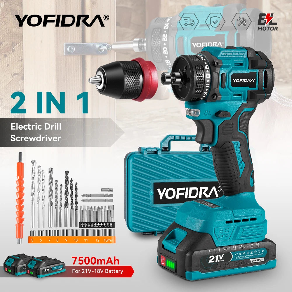 YOFIDRA 2 in1 Brushless Electric Screwdriver Hammer Cordless Drill Impact Multifunctional Power Tool For Makita 21V Battery Pin