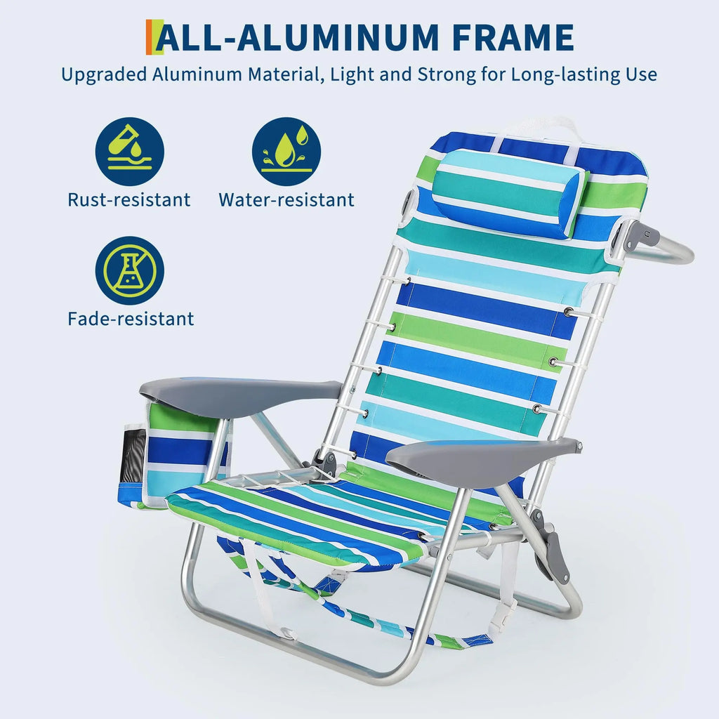 Portable Backpack Beach Chair 2 Pack 5 Reclining Positions Folding Outdoor Lounge w/Backpack Straps,Cup Holder for Camping Beach