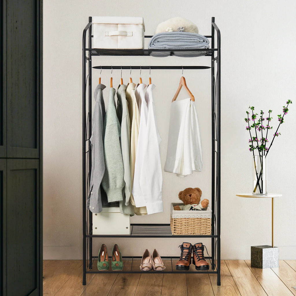 Heavy Duty Metal Garment Shoe Rack Stand Freestanding Clothes Hanging Rail with Shelves