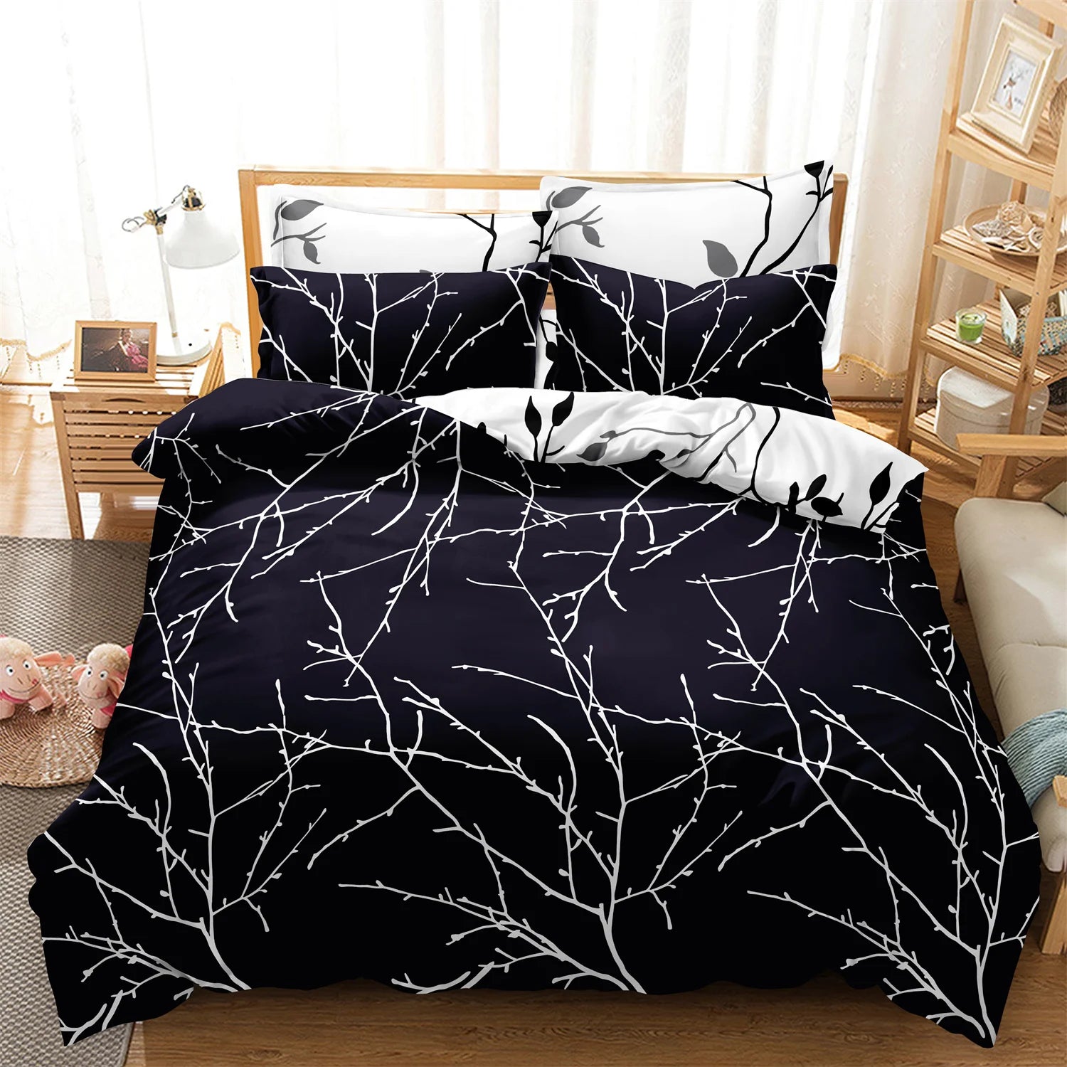 3Pcs Black White Branch Duvet Cover Set,Minimalist Leaf Bedding,Soft Microfiber Quilt Cover,Modern Bedroom Decor,AU/Local Stock