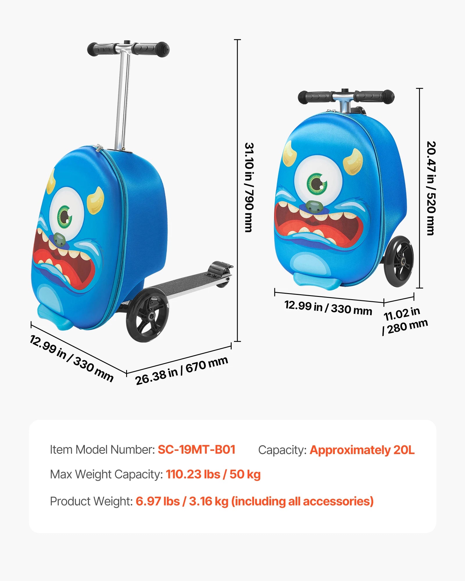 SucceBuy Ride-on Luggage 20 L Capacity 20 In Kids Scooter Suitcase with Flash PU Wheels Adjustable Handle for Kids Aged 5+ Blue