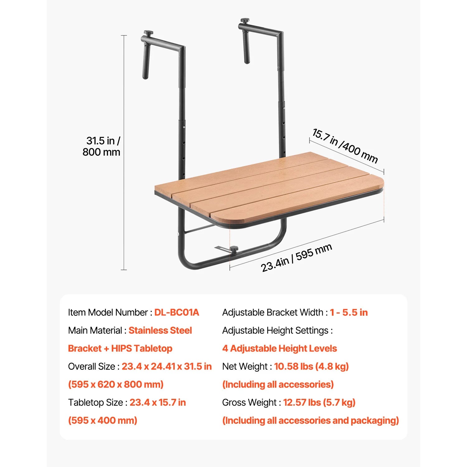 SucceBuy Balcony Hanging Table Folding Balcony Railing Table Outdoor Balcony Bar Table for Railings Serving Table for Patio