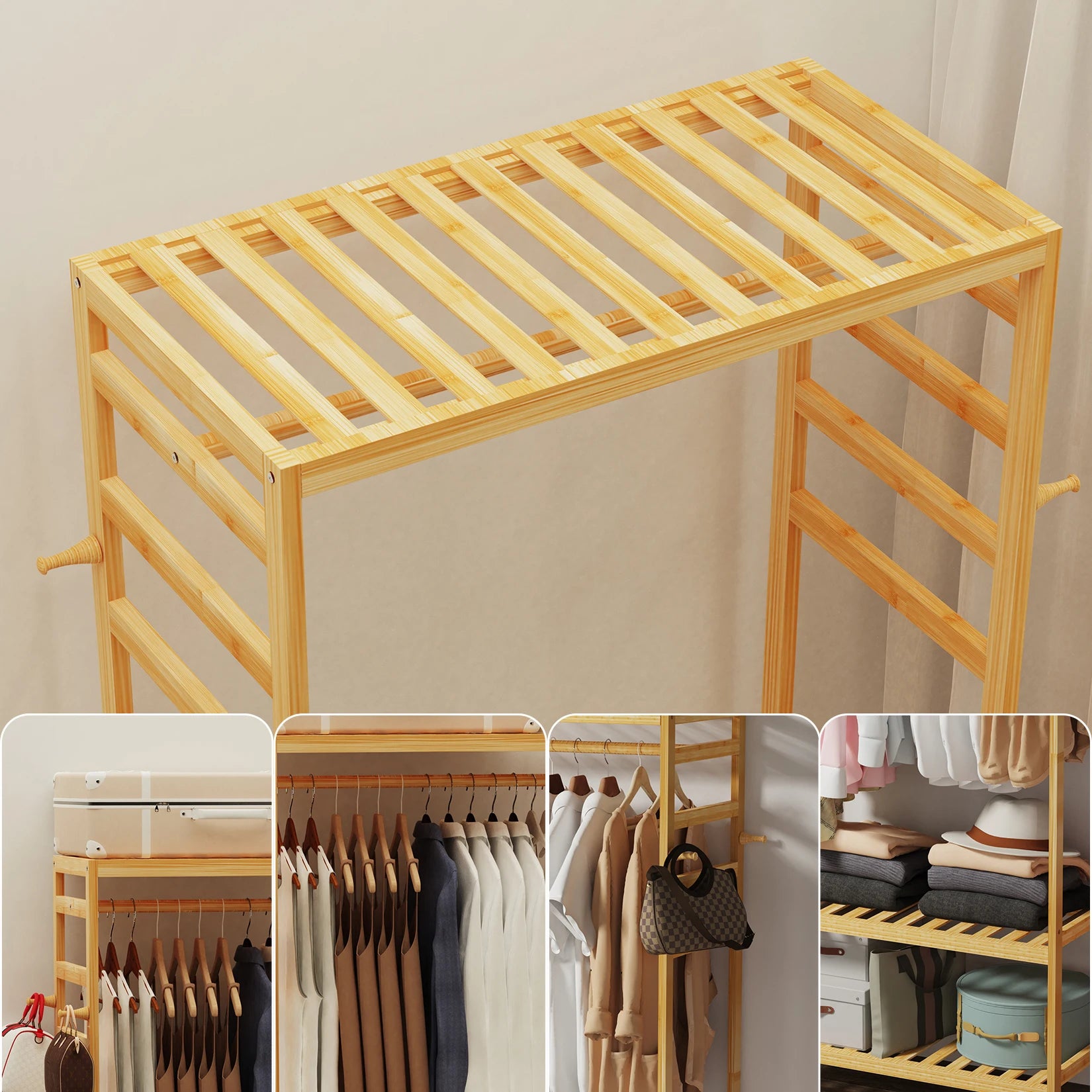 Bamboo Garment Coat Rack Clothes Hanging Rack Organizer with Rolling Wheels